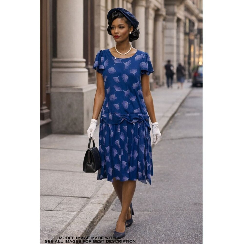 Vintage Nautical Midi Dress M Drop Waist Ruffle Bow Neo Deco Teacher Poet
